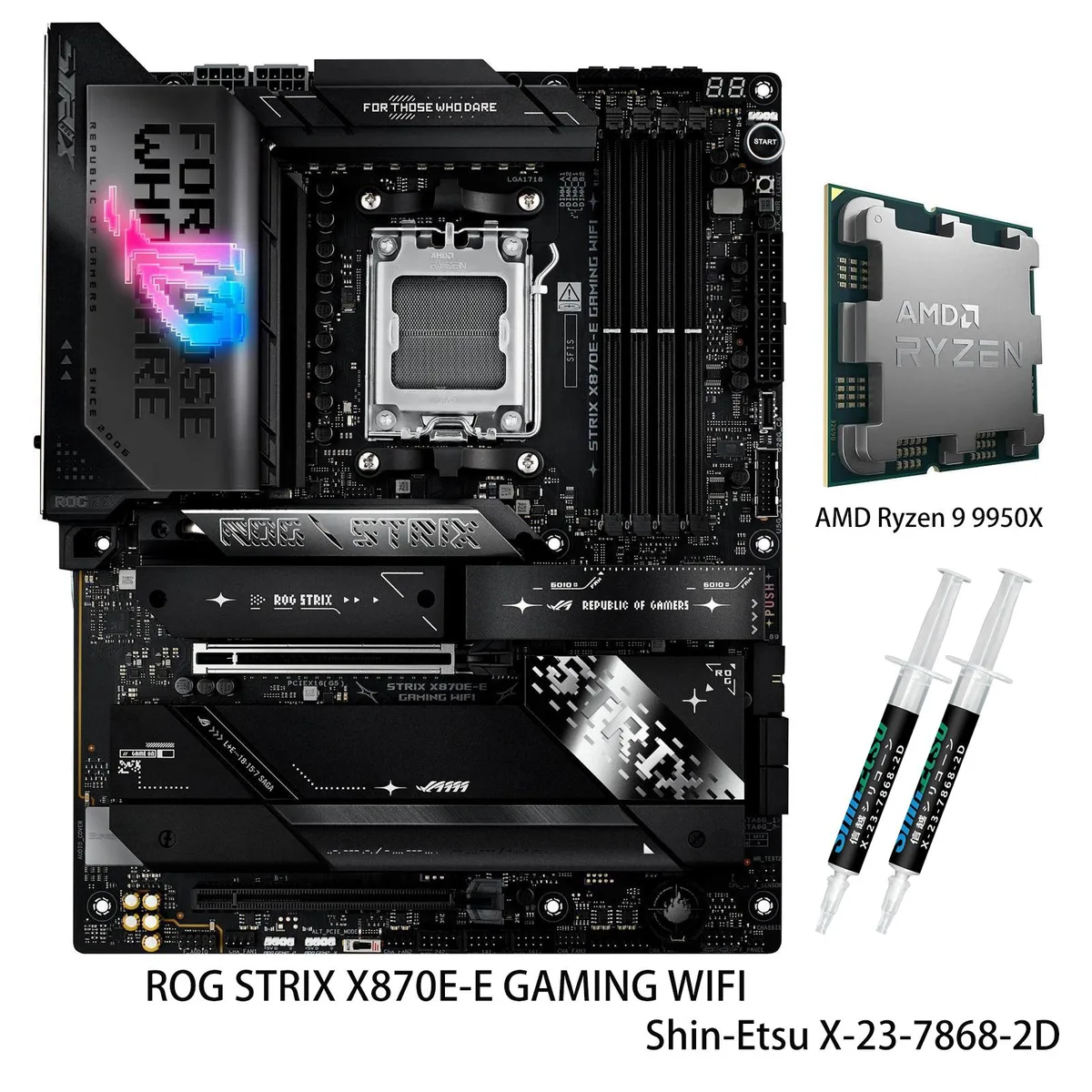 ATX motherboard with silver heatsinks and black PCB, Ryzen 9 9950X CPU in AM5 socket