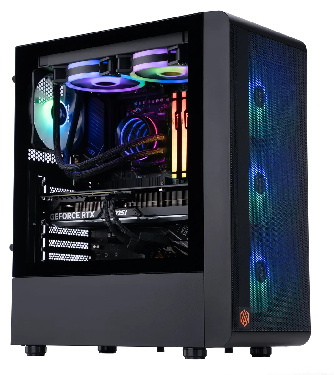 Mid-tower gaming desktop in a dark chassis with RGB liquid cooling visible through a glass side panel