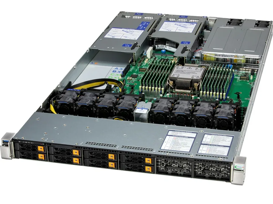 Silver 1U rack server chassis with eight 2.5 inch drive bays and front panel LEDs