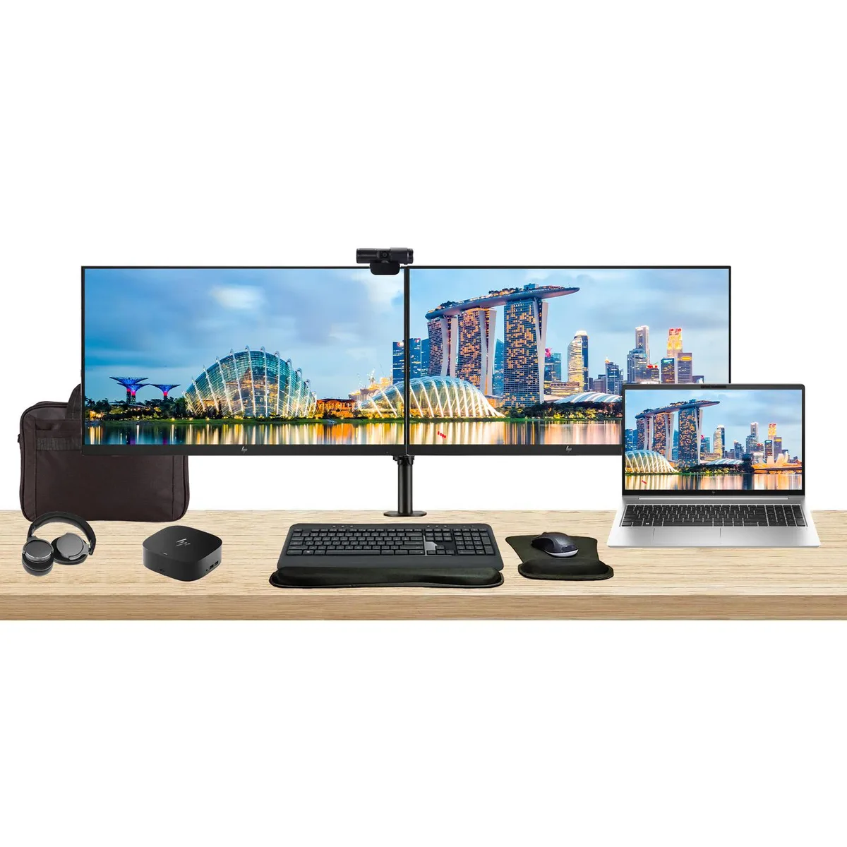 HP ProBook 455 G10 laptop, dual 27-inch monitors on stand, USB-C dock, wireless keyboard and mouse, webcam, headphones