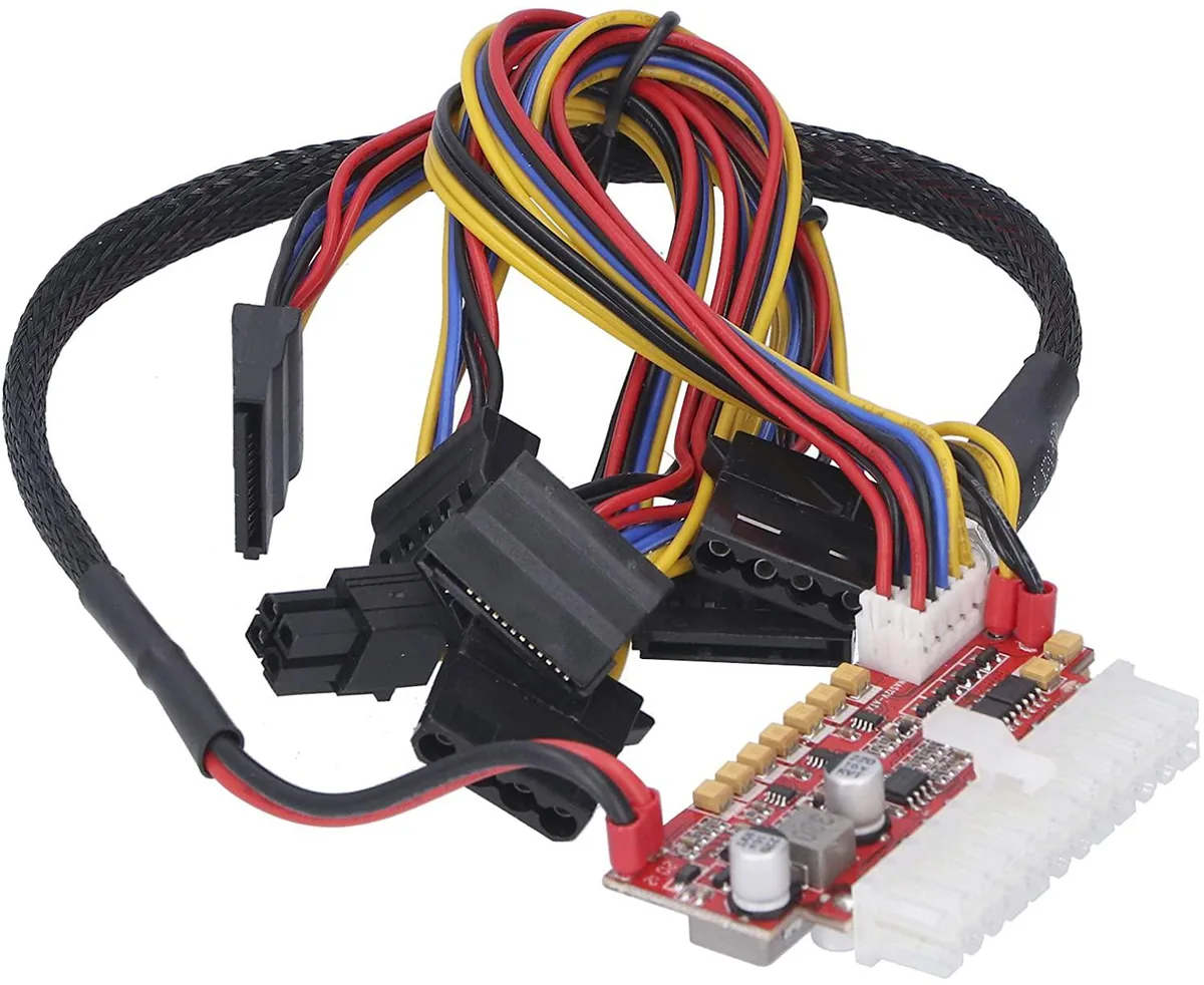 Green PCB power module with ATX24Pin and CPU4Pin connectors, multiple SATA and IDE cables, DC5525 jack, compact rectangular shape