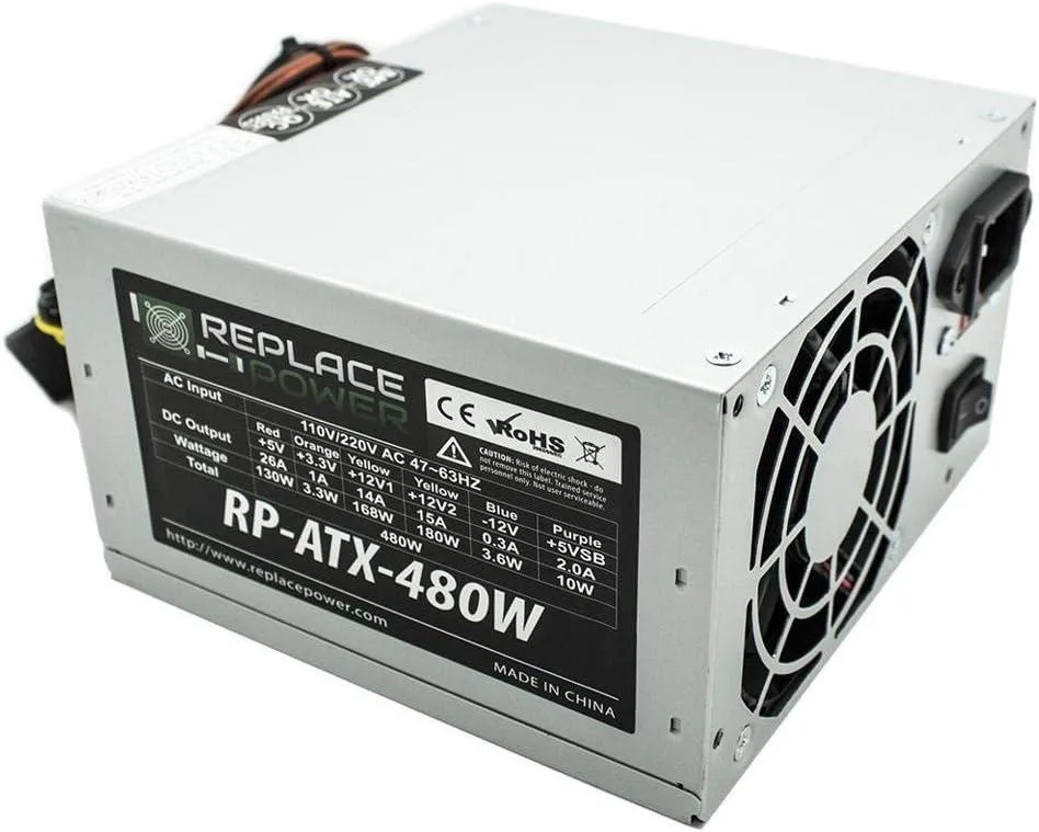 Standard black ATX power supply unit with fan grille and cable bundle