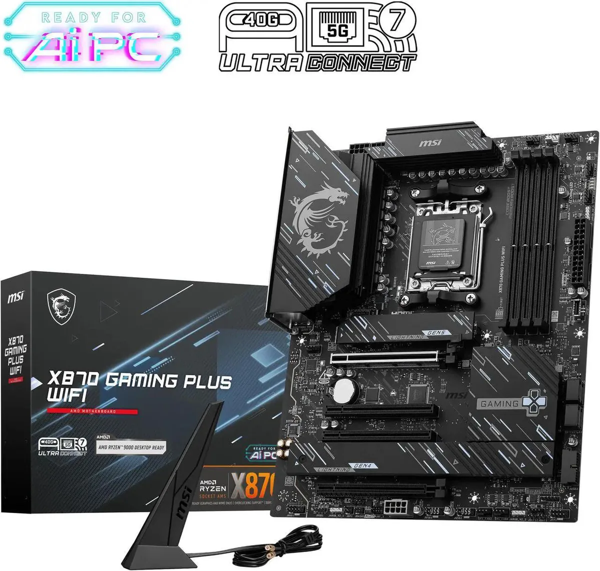 ATX motherboard, black PCB with silver heatsinks, AM5 socket, four DDR5 slots, three M.2 covers, rear I/O shield attached