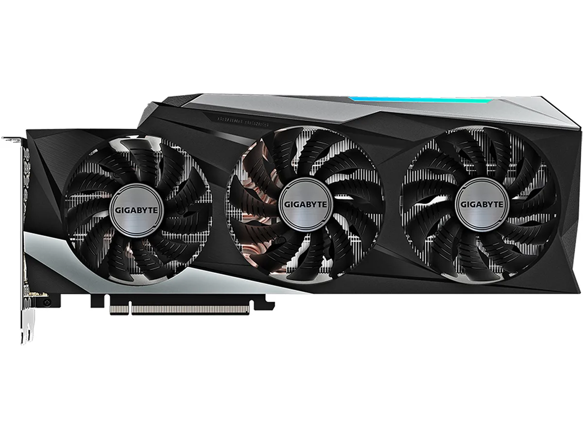 Triple-fan graphics card with silver shroud and exposed backplate
