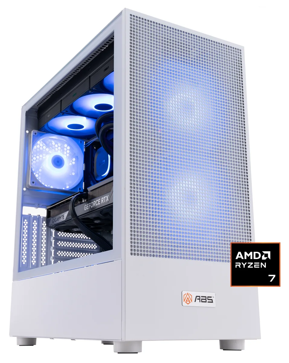 White mid-tower gaming desktop with mesh front panel and tempered glass side panel