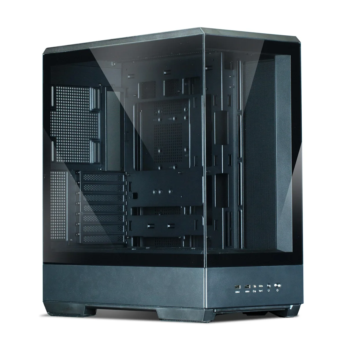 Black steel ATX mid-tower with panoramic tempered glass side panel and hinged rear cable doors