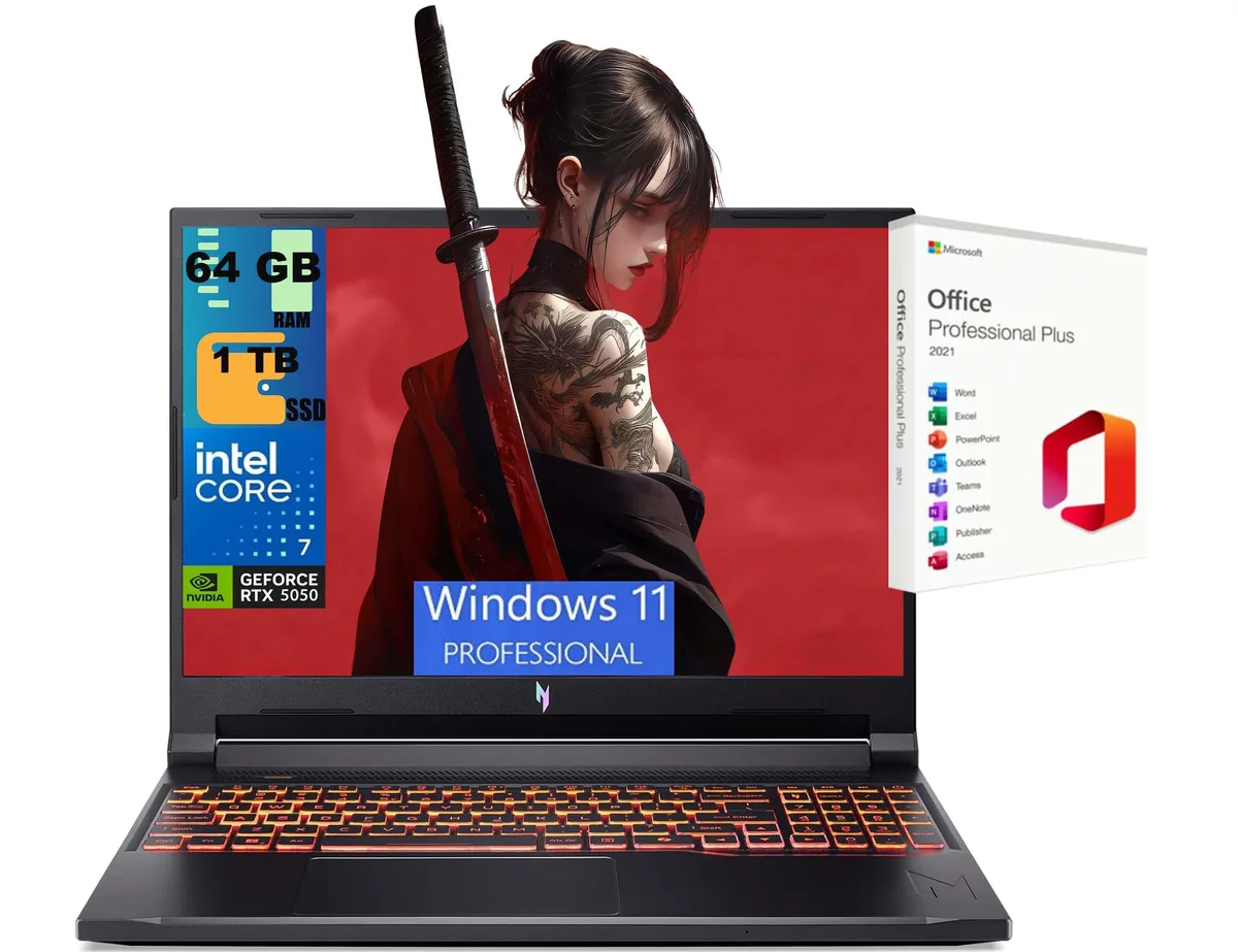Black 16 inch gaming laptop, matte finish, backlit keyboard, slim profile