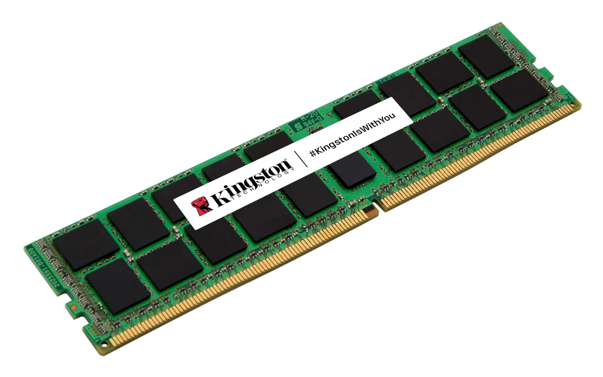 Green bare circuit board with black memory chips and gold edge contacts