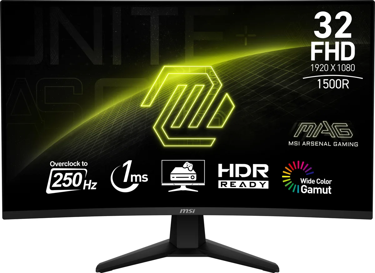 Curved 31.5 inch gaming monitor in metallic black with non-glare VA panel