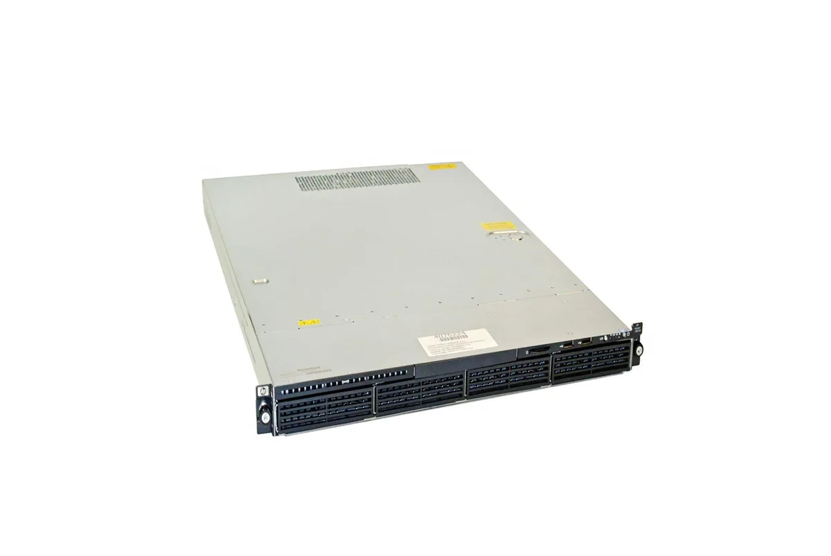 Silver 1U rack server with front drive bays and HP badge