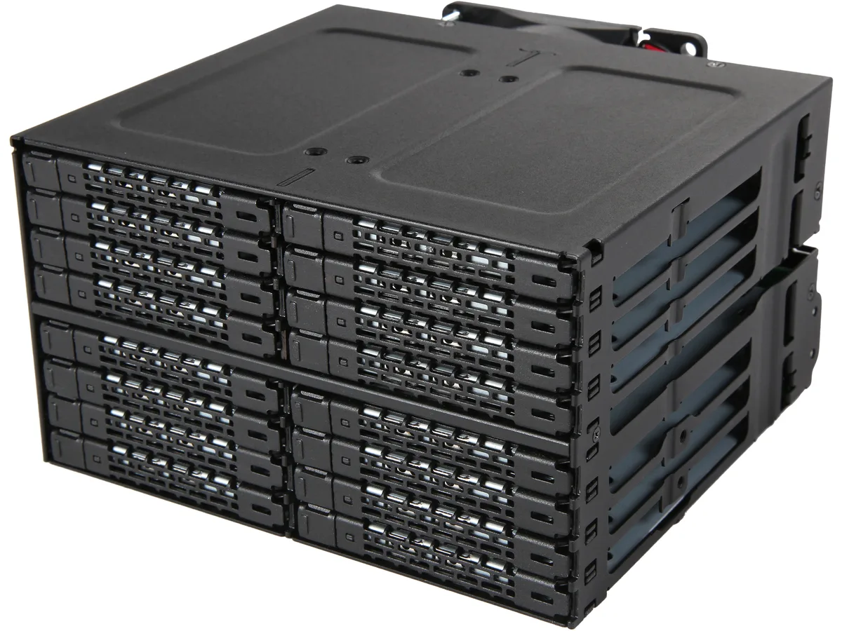 Black metal 16-bay cage fits sixteen 2.5-inch drives into two 5.25-inch bays