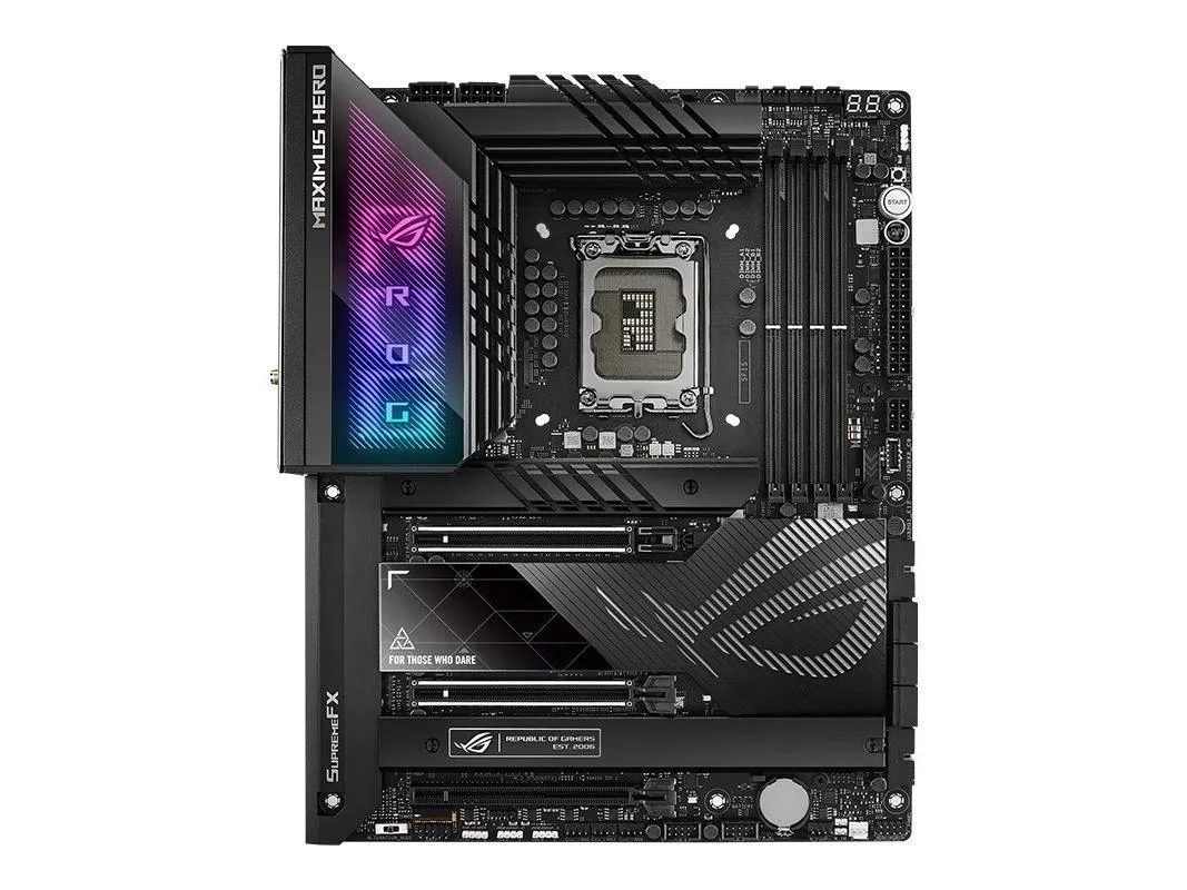 ATX motherboard dark PCB silver heatsinks LGA 1700 socket DDR5 slots