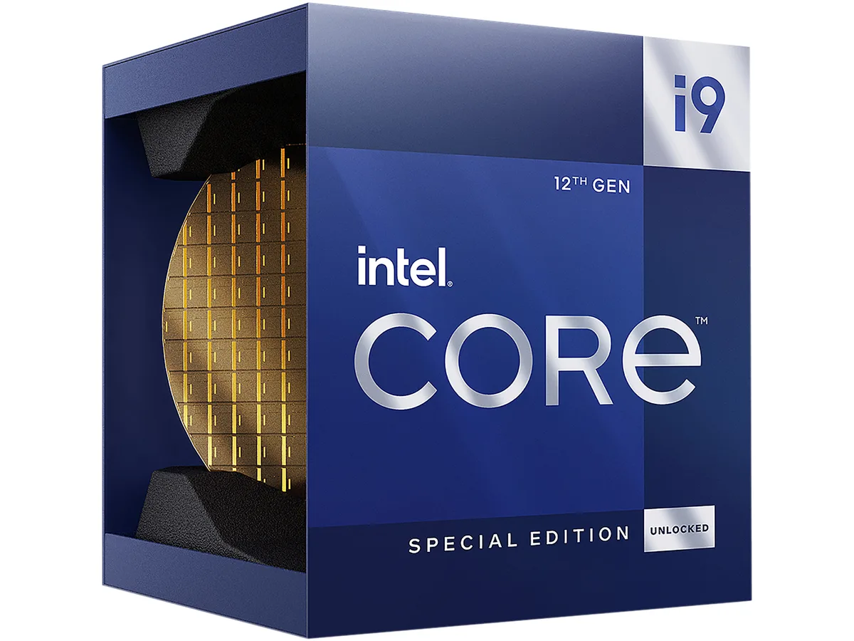 A square Intel Core i9-12900KS processor with silver heatspreader and gold contact pads