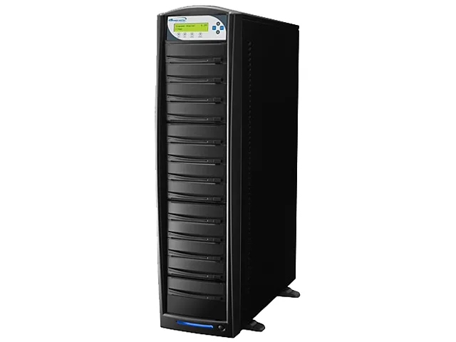 Black tower DVD/CD duplicator with twelve drive bays and LCD display