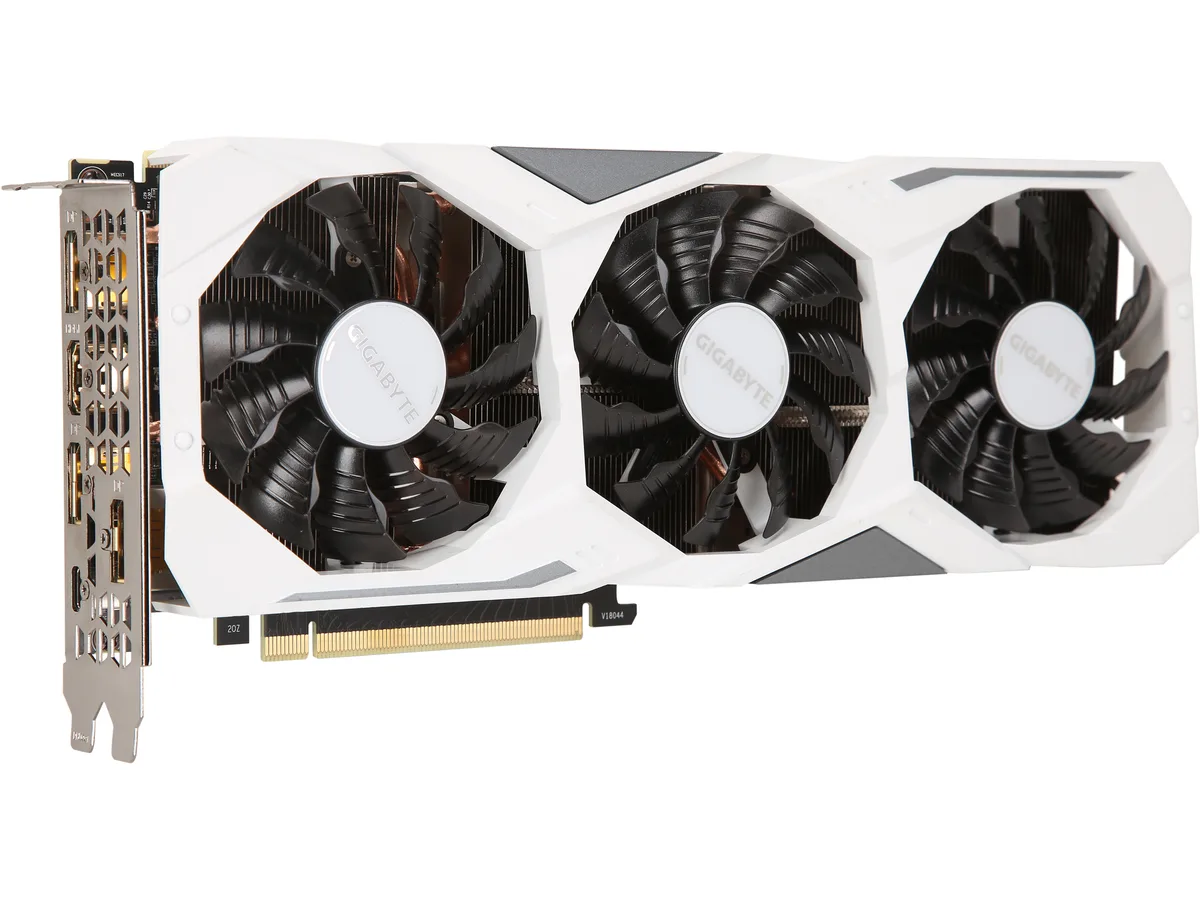 White triple-fan graphics card with metal backplate, ATX form factor