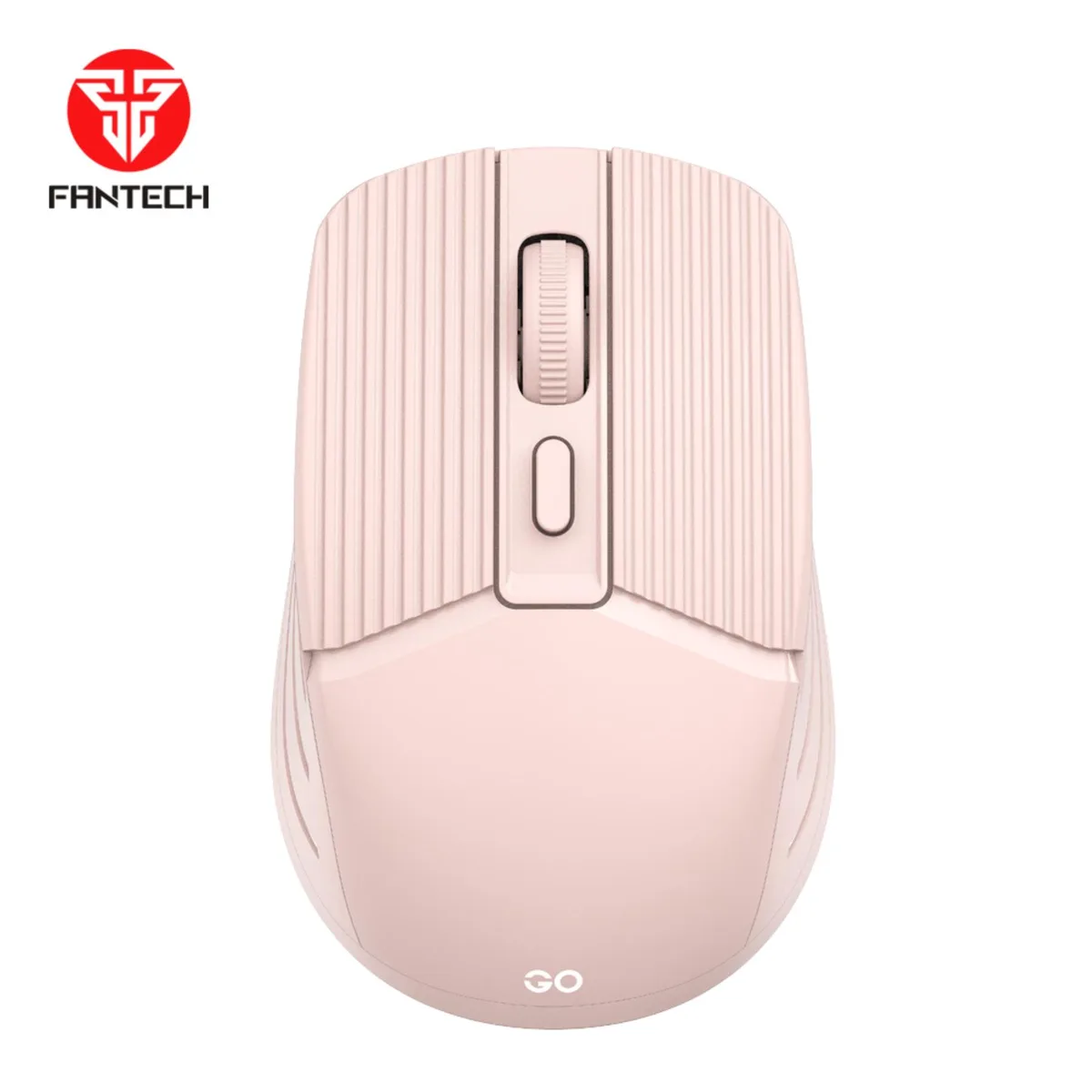 Pink wireless gaming mouse with ergonomic symmetrical shape, textured grip surfaces, four buttons, USB receiver stored inside body