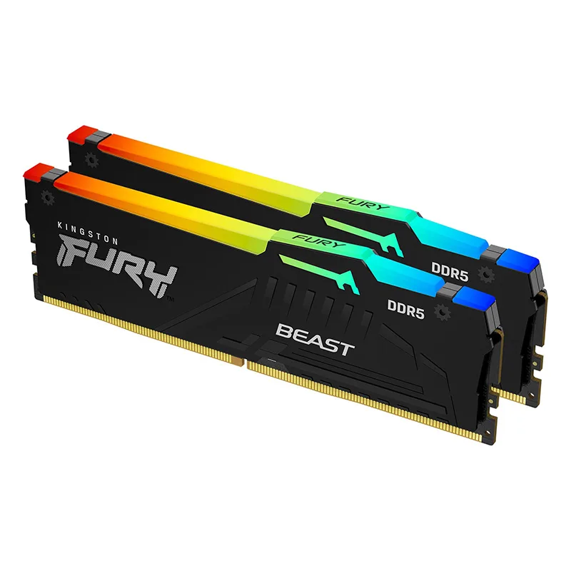 Two black DDR5 memory sticks with RGB light bars