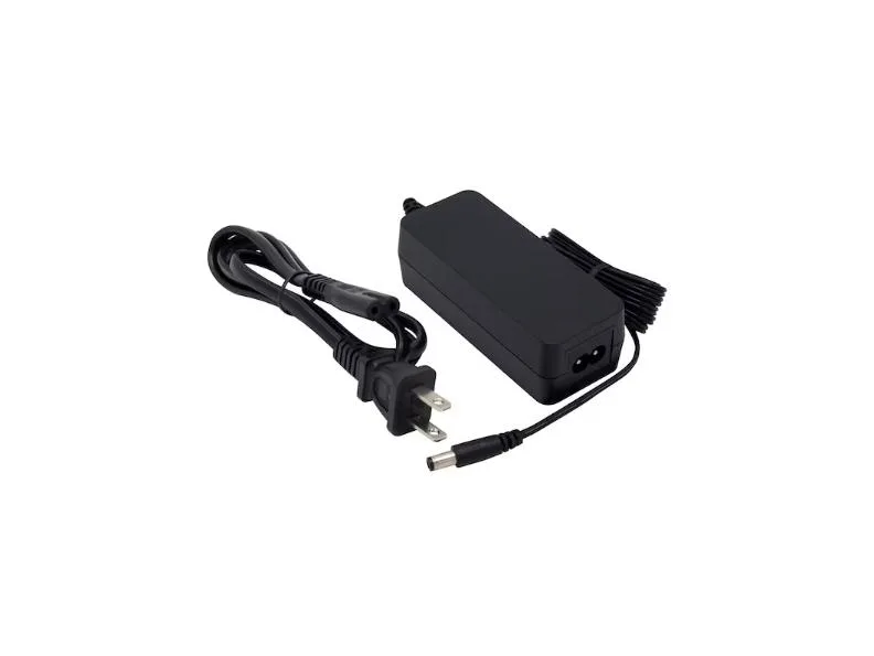 Rectangular black power adapter with cable and connector