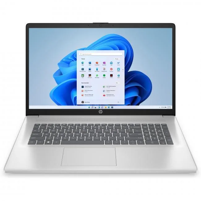 Silver 17.3 inch touchscreen laptop with narrow bezels and lift hinge
