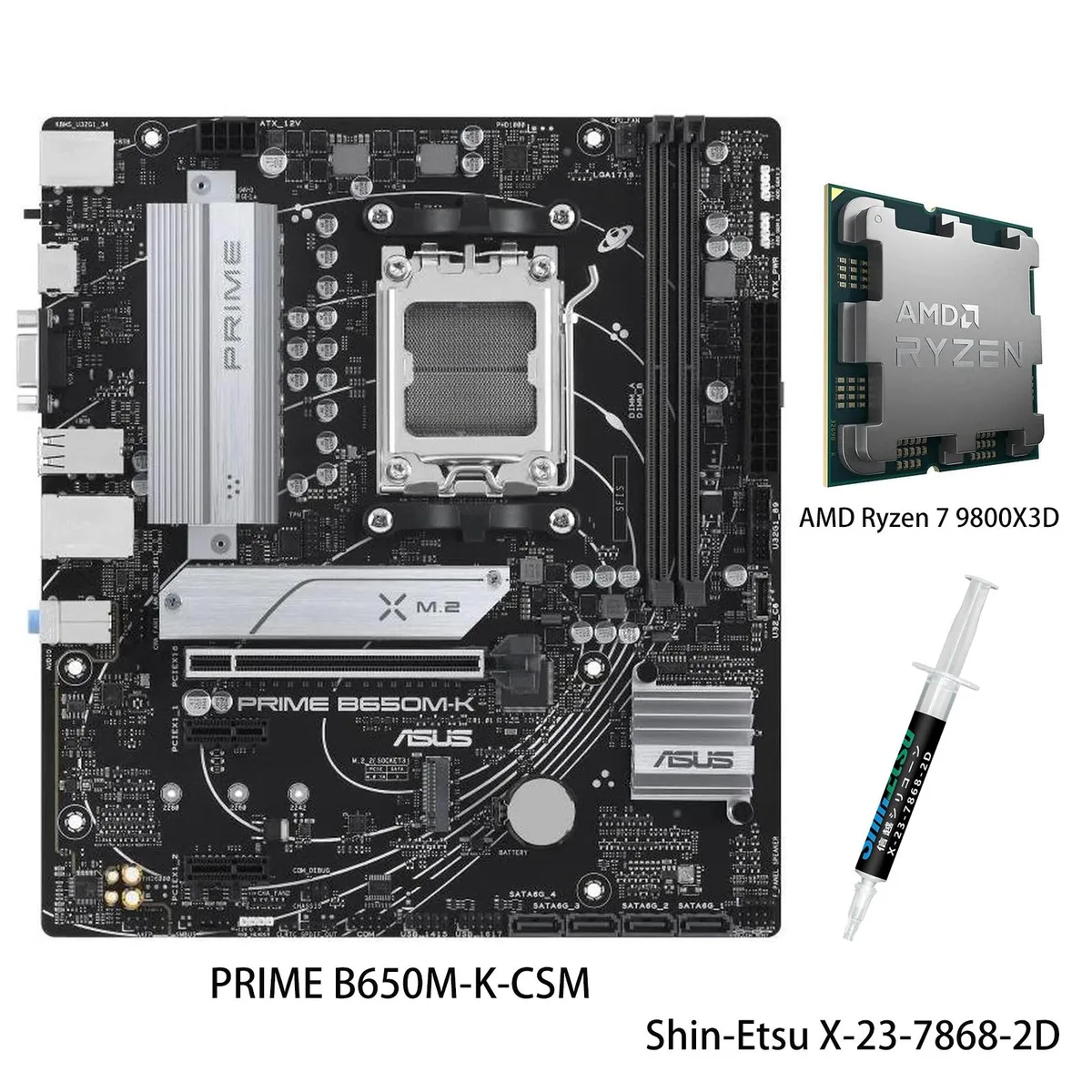 ASUS PRIME B650M-K-CSM micro ATX motherboard with Ryzen 7 9800X3D CPU installed, dark PCB, silver heatsinks