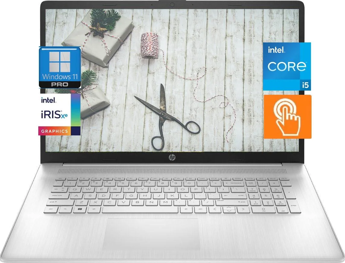 Silver 17.3 inch touchscreen laptop closed lid soft grey backlit keyboard numeric keypad