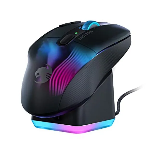 Black ergonomic wireless gaming mouse with translucent shell, multi-button layout and 4D scroll wheel