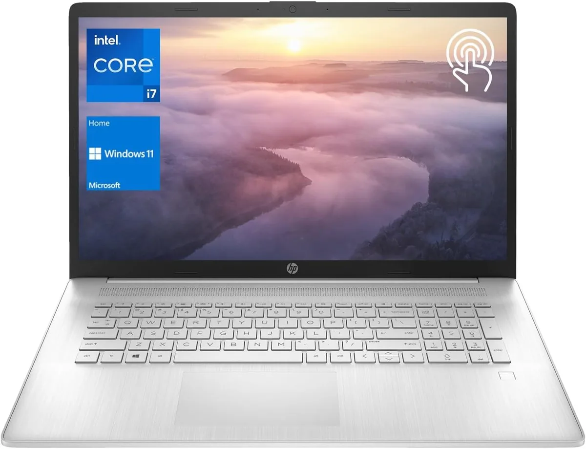 Silver 17.3 inch touchscreen laptop with backlit keyboard and numeric keypad
