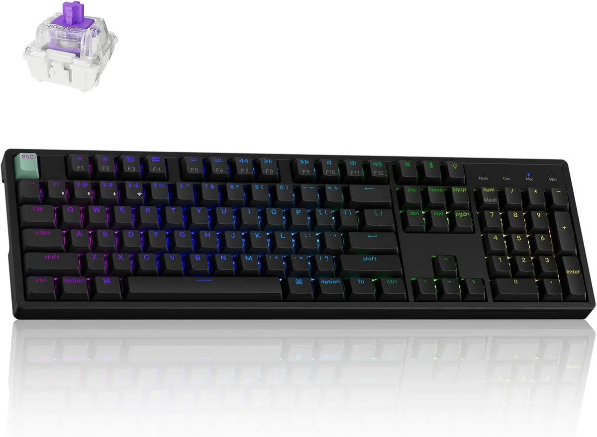 Full-size wireless gaming keyboard with RGB backlighting and multimedia knob