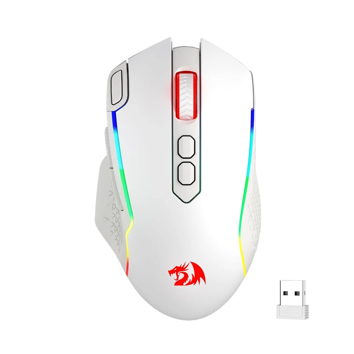 White right-handed wireless gaming mouse with eight buttons and RGB lighting