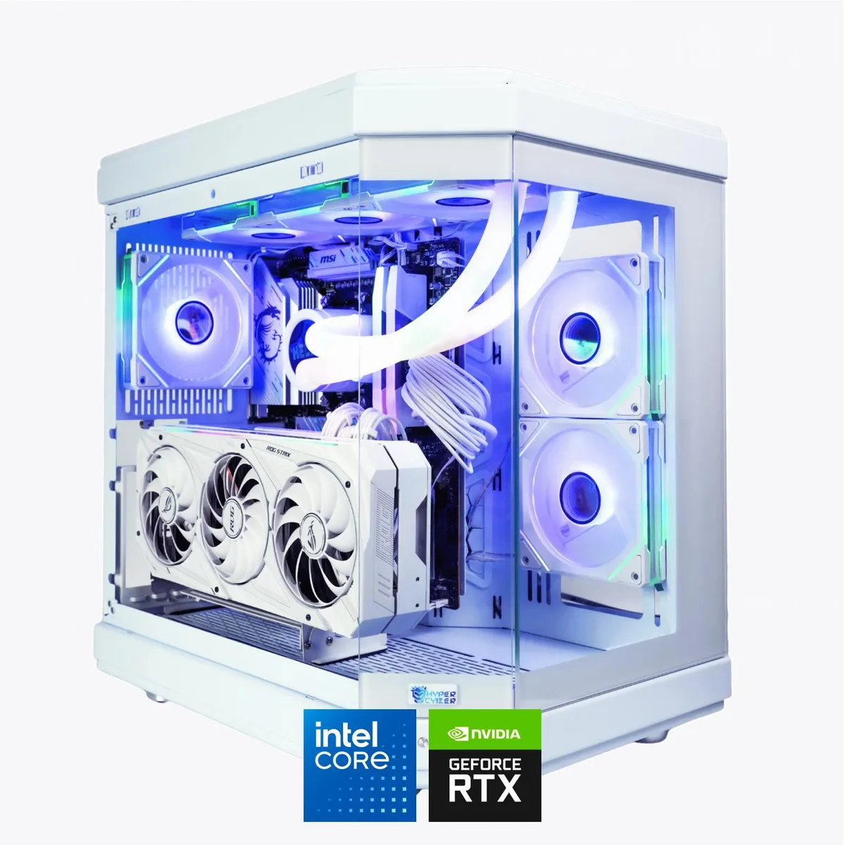 White mid-tower gaming desktop with RGB lighting