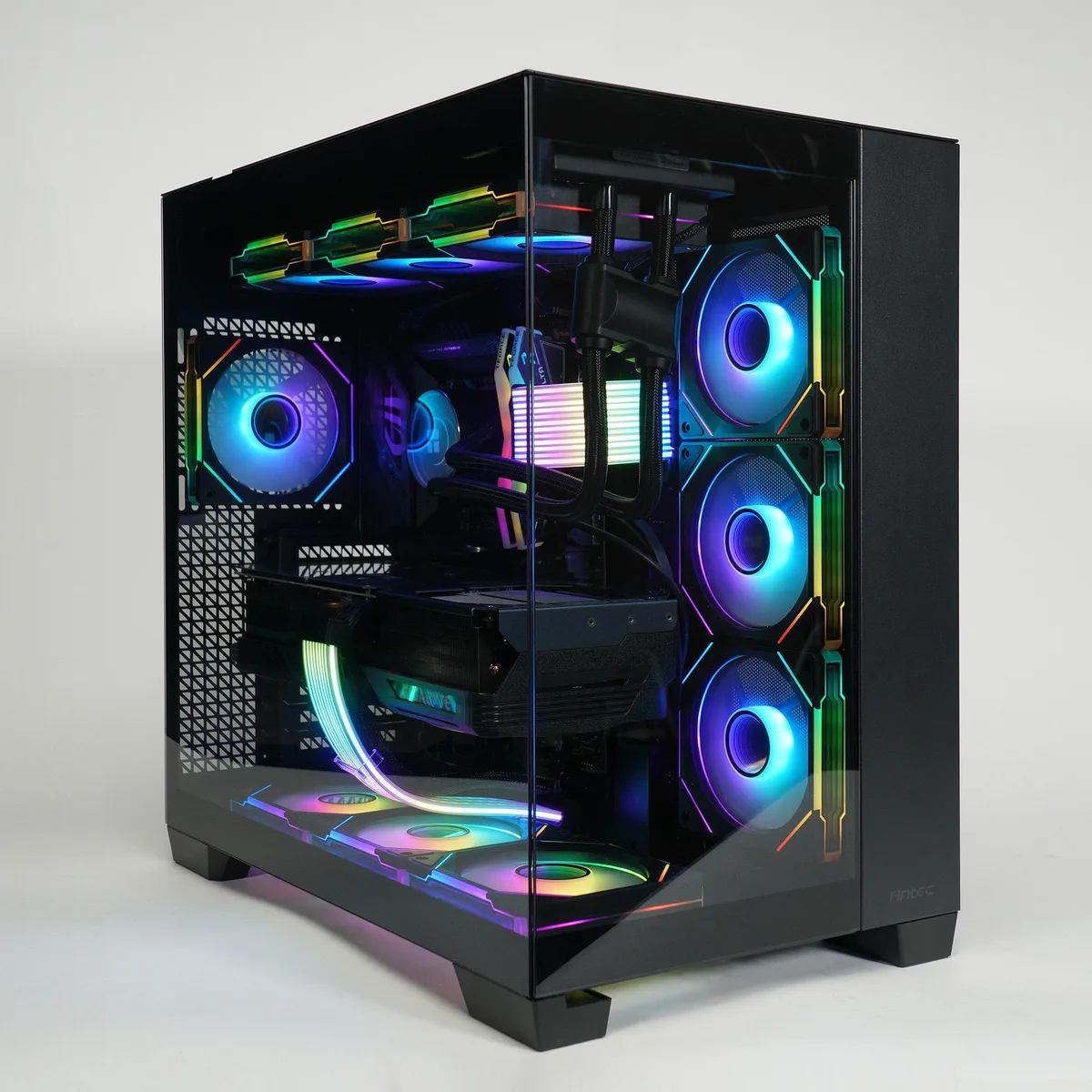 Black desktop tower with ten infinity-mirror RGB fans and glass side panel