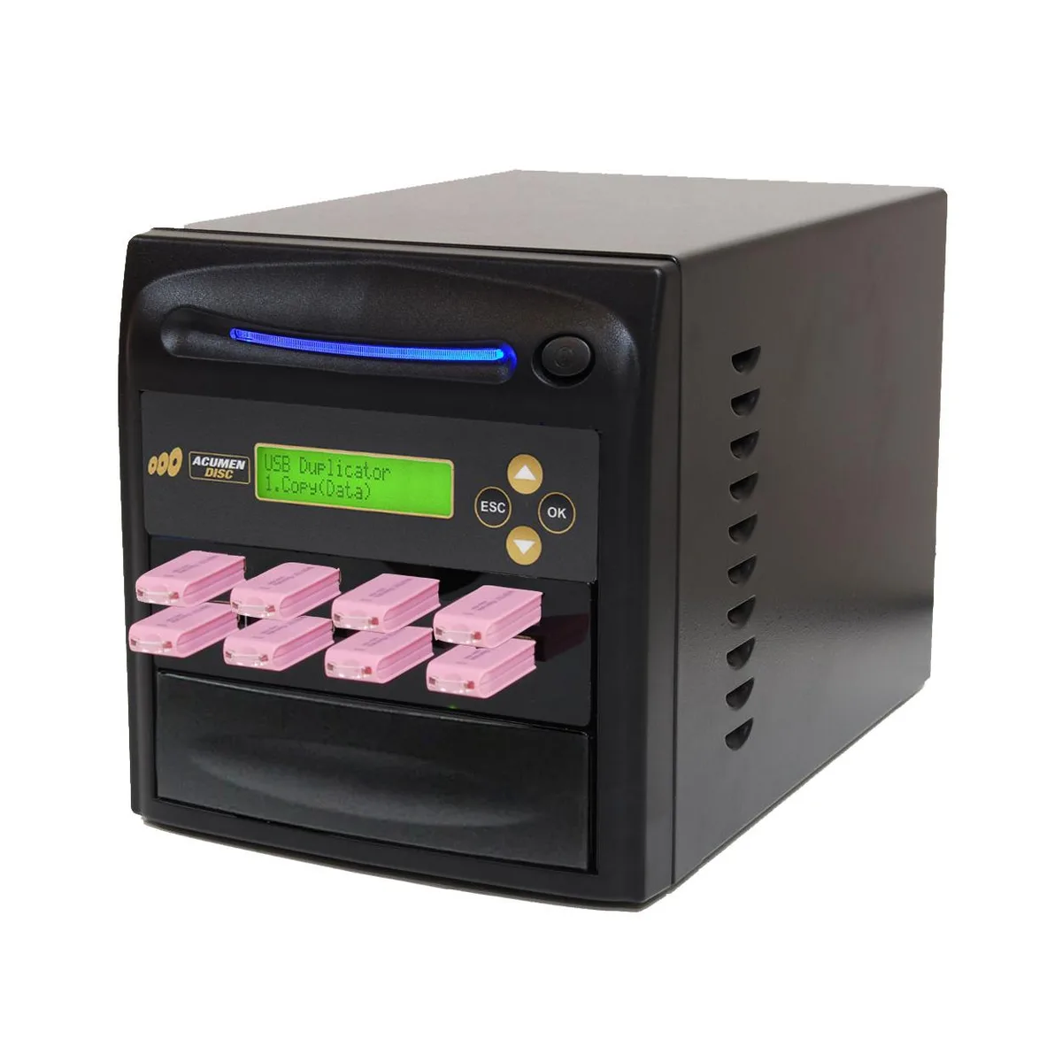 Rectangular desktop duplicator with seven USB-A slots and a small LCD screen