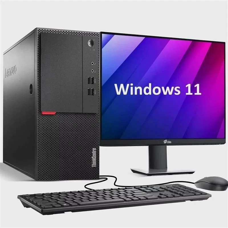 Black Lenovo M900 tower desktop with 24 inch monitor