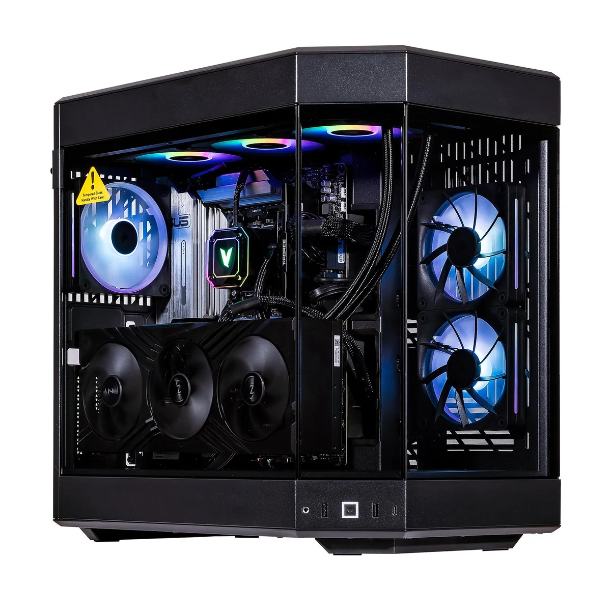 Black mid-tower gaming desktop with RGB-lit 360 mm liquid cooler and tempered glass side panel