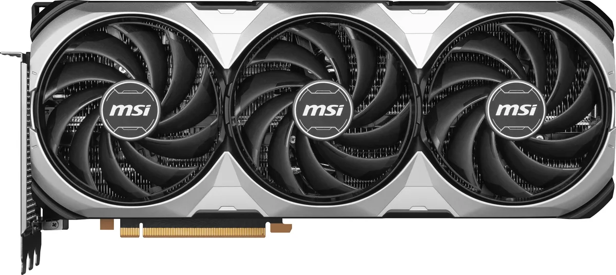 Silver graphics card with three fans and a metal backplate, full-length PCIe 4.0 board