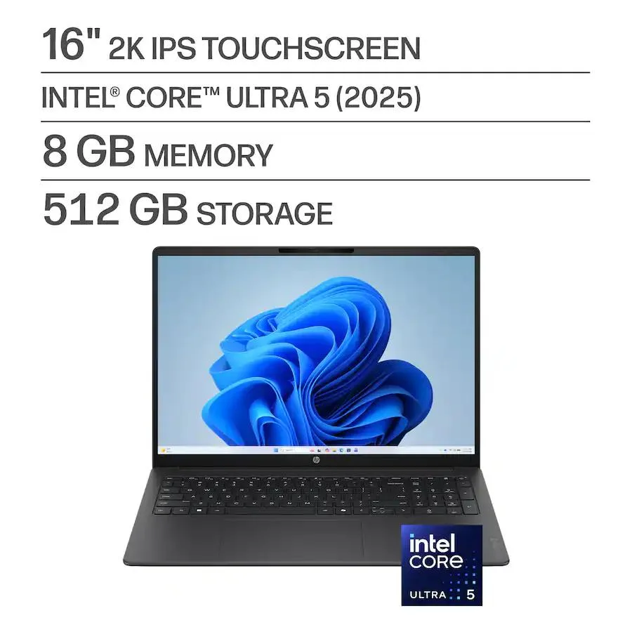Silver 16-inch touchscreen laptop with anti-glare display, flat keyboard, narrow bezels