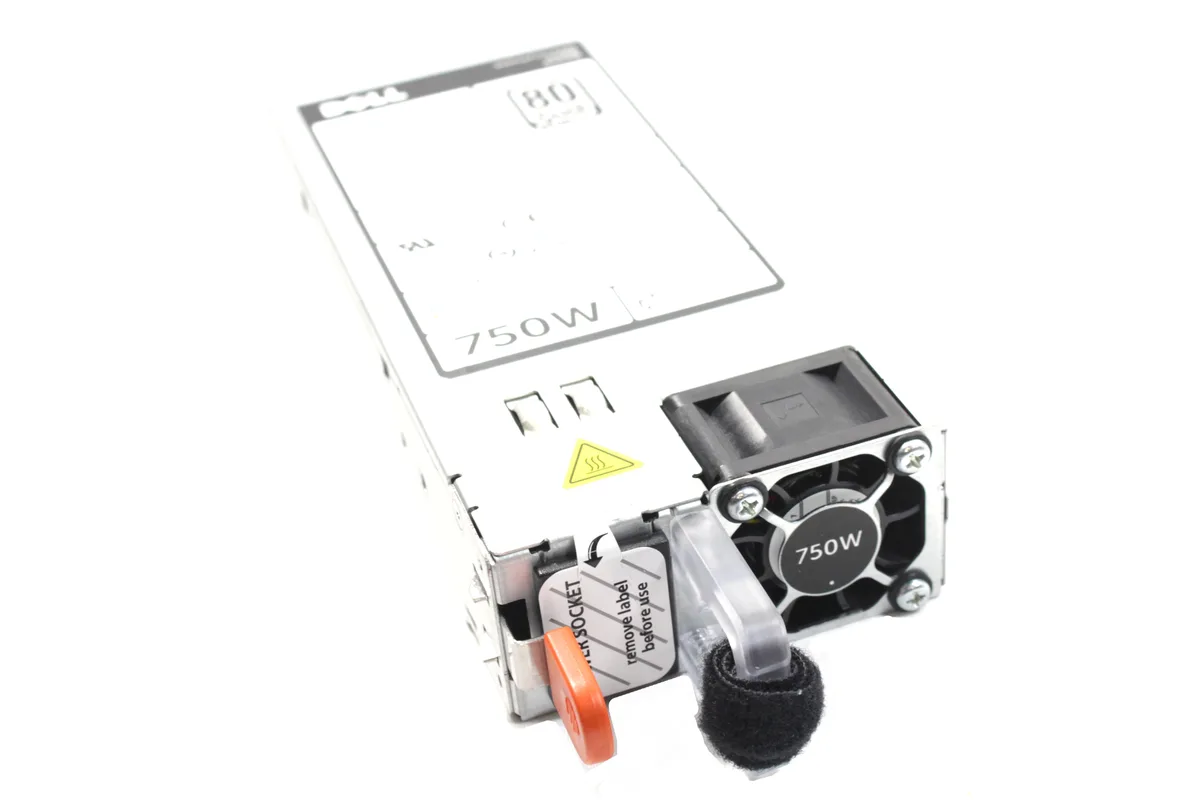 Silver rectangular server power supply with single fan grille and Dell label