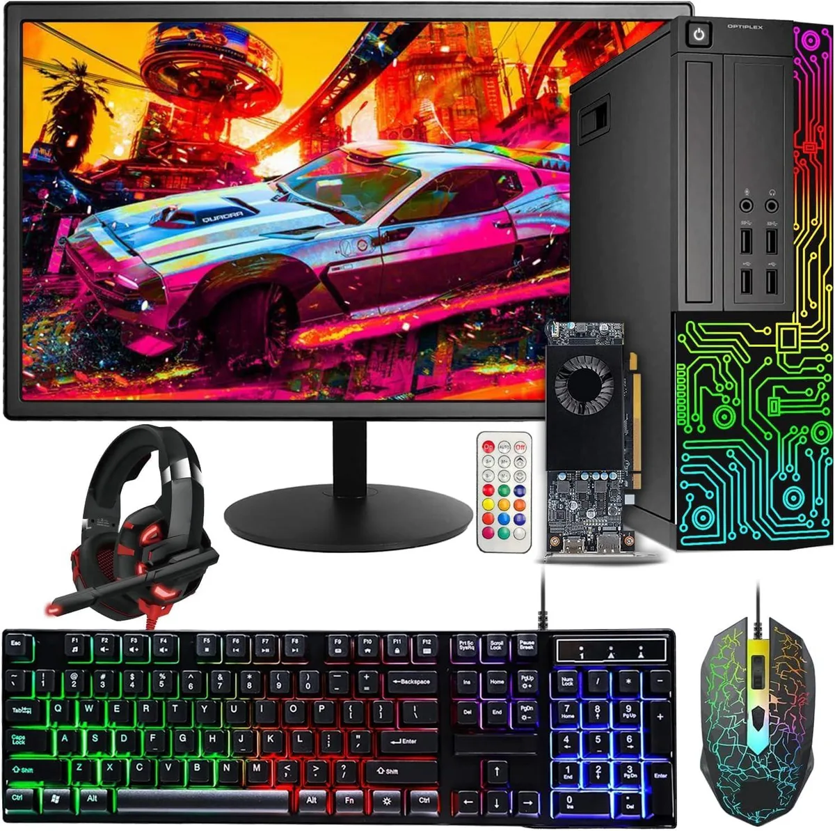 Black tower desktop with 24 inch monitor, RGB keyboard, mouse and headset