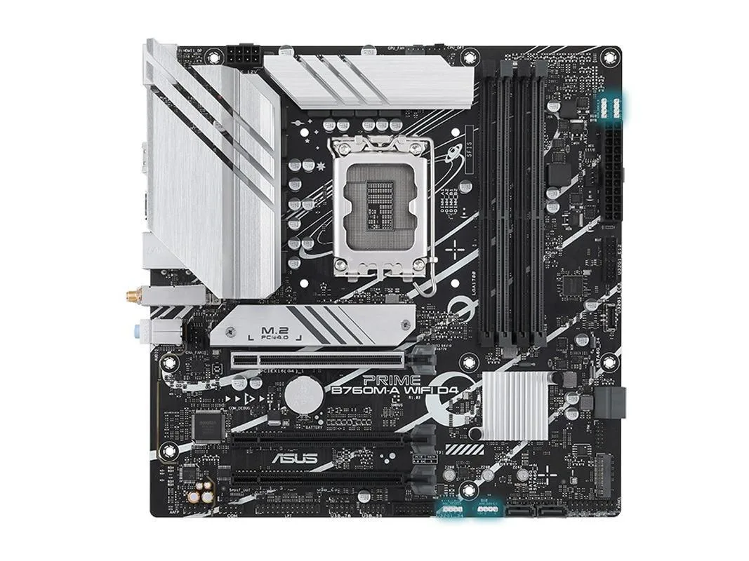 Green Micro-ATX board with silver heatsinks and rear I/O shield