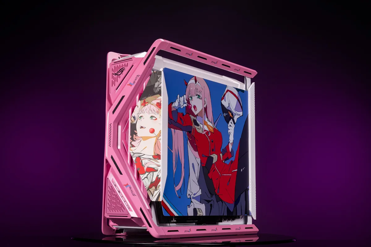 Full-tower PC case in pink with UV-printed anime art, dual tempered glass panels, four 140 mm fans pre-installed