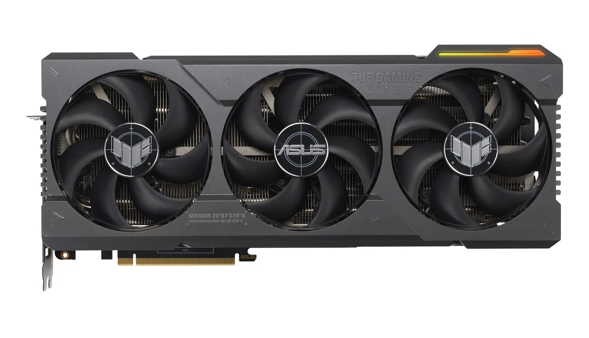 ASUS TUF Gaming RTX 4090 graphics card with triple axial fans and metal exoskeleton in dark industrial finish