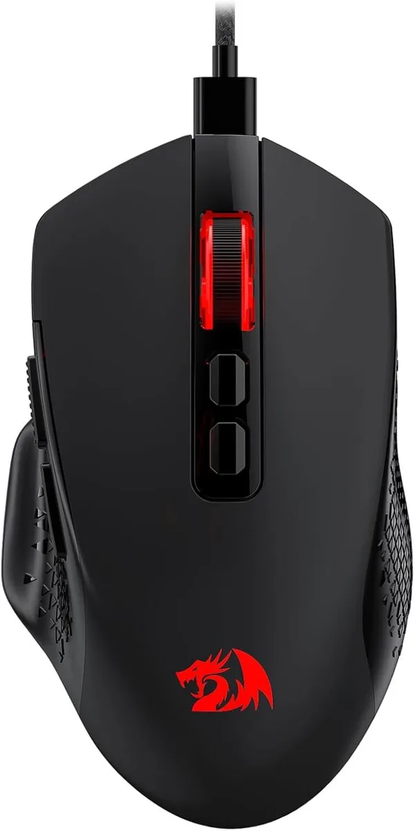 Black wired gaming mouse with ergonomic shape and side buttons