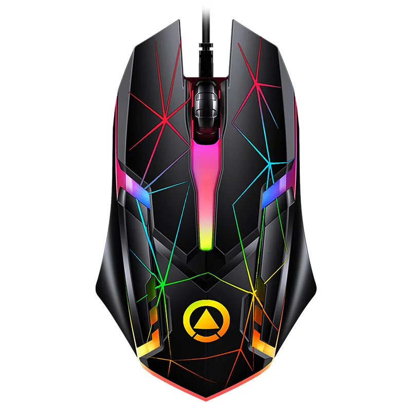 Black wired optical gaming mouse, ergonomic shape with LED lighting, USB cable attached