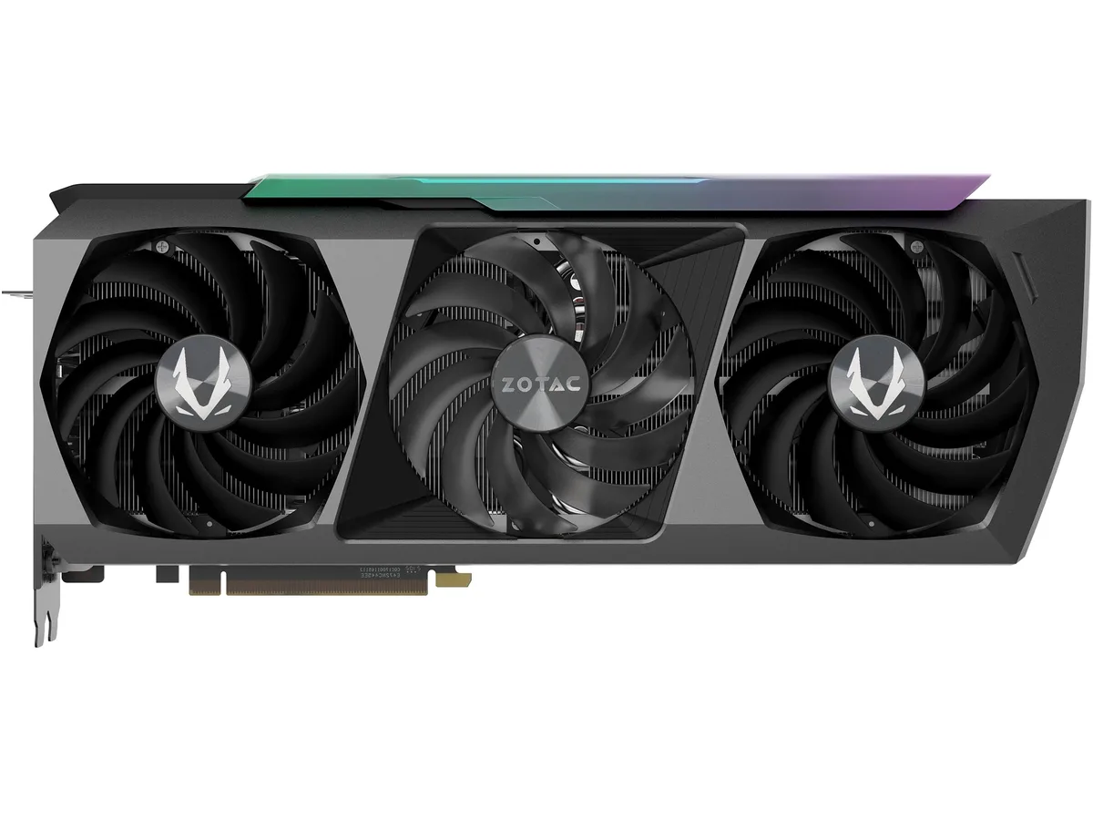 ZOTAC RTX 3080 Ti AMP Extreme Holo triple-fan graphics card in HoloBlack finish with RGB lighting and metal backplate