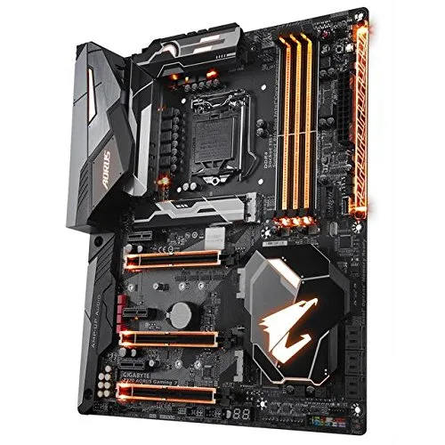 Black ATX motherboard with silver heatsinks and RGB lighting zones
