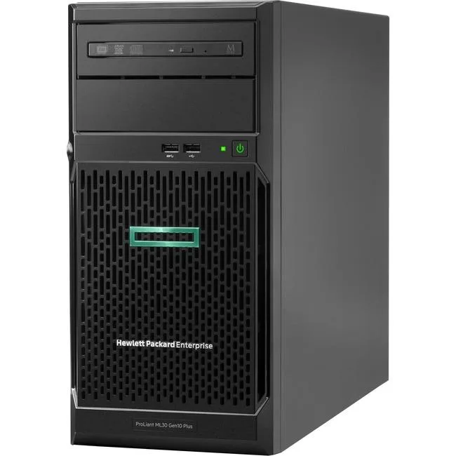 HPE ProLiant ML30 Gen10 Plus tower server, silver chassis, front panel with power button and drive bays
