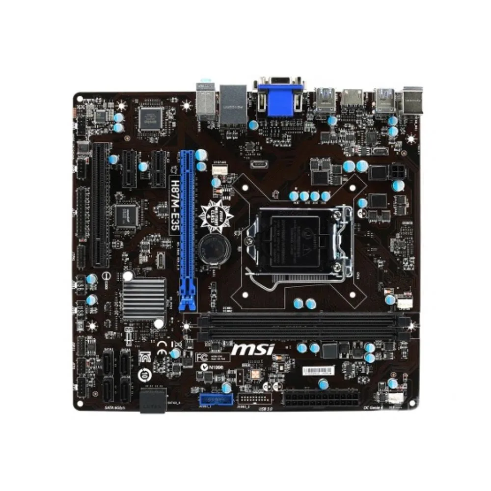 Green Micro ATX motherboard with black LGA 1150 socket, four silver DDR3 slots, silver PCIe x16 slot, and silver rear I/O panel