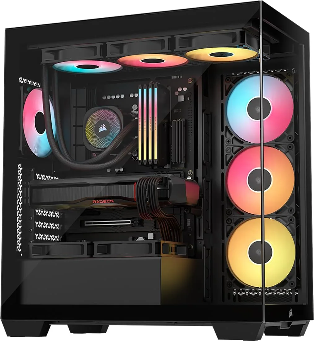 Black mid-tower case with wraparound tempered glass panels and three ARGB fans visible