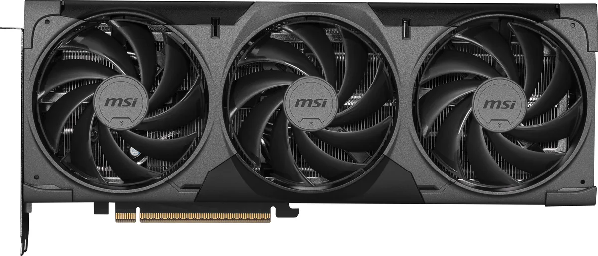 Black triple-fan graphics card, matte finish, rectangular 303 mm length