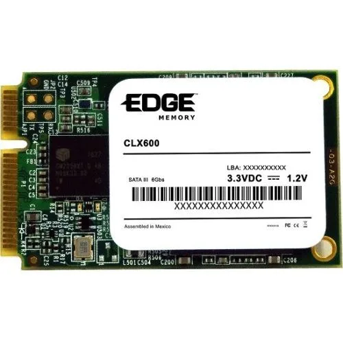 Green circuit board with gold edge connector and black chips, thin rectangular shape